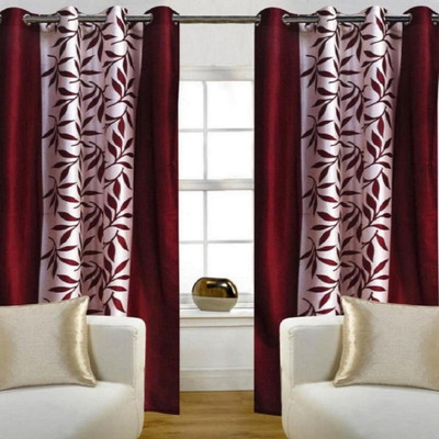 Phyto Home 152 cm (5 ft) Polyester Semi Transparent Window Curtain (Pack Of 2)(Floral, Maroon)