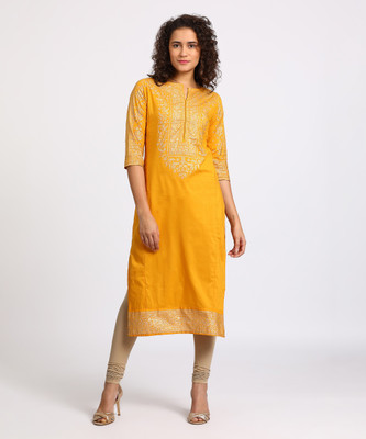 Vishudh Women Printed Straight Kurta(Beige, Yellow)