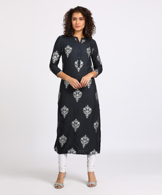 Vishudh Women Printed Straight Kurta(Black, Grey)
