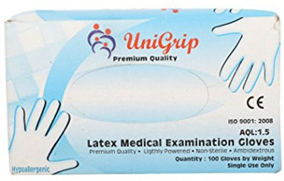 

UNIGRIP PREMIUM QUALITY LATEX MEDICAL EXAMINATION GLOVES-LIGHTLY POWERED/NON STERILE/AMBIDEXROUS-100 GLOVES Latex Examination Gloves(Pack of 100)