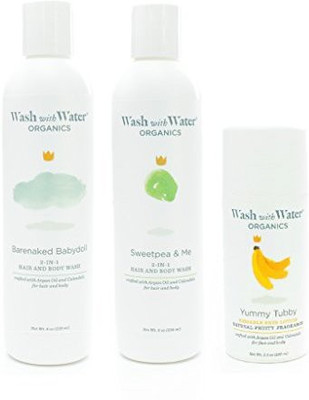 

Wash with Water All Natural Organic Skin Care Newborn Bundle For Eczema, Cradle Cap + Sensitive Skin - 3Oz Foaming Cleanser, 8Oz Sweet Pea & Me Shampoo + Body Wash, + 3.4Oz Yummy Tubby Lotion(88.72 ml)