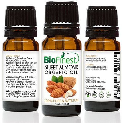 

BioFinest Sweet Almond Organic Oil - 100% Pure Cold-Pressed - Premium Quality - Best Moisturizer - Vitamin A/E/K - Remove Dark Circles/Fine Lines - Anti-Aging - Free E-Book (10Ml)(10 ml)