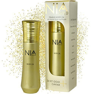 

Nia Gold Luxury Anti-Aging Skin Care Body Oil With 24 Kt Gold, Milk, Honey, Caviar, Vitamin E, And French Sea Salt. 4Oz.(118.29 ml)