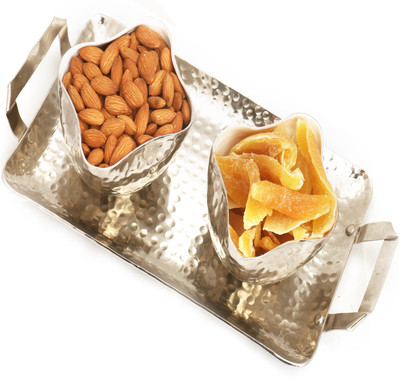 

Ghasitaram Gifts Silver Aluminium Almonds and Dried Mango Tray(600 g, Box)