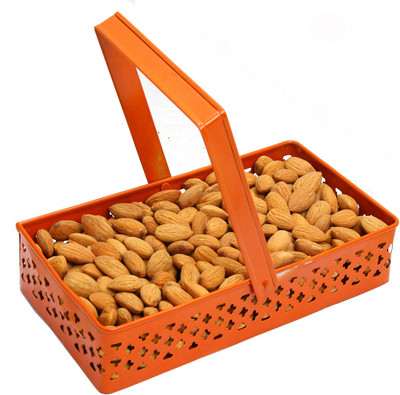 

Ghasitaram Gifts Rectangle Orange Metal Basket with Almonds Almonds(500 g, Box)