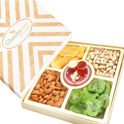 

Ghasitaram Gifts Ghasitaram Special Almonds, Pistachios, Dried Kiwi and Mango Box with Mini Pooja Thali(600 g, Box)