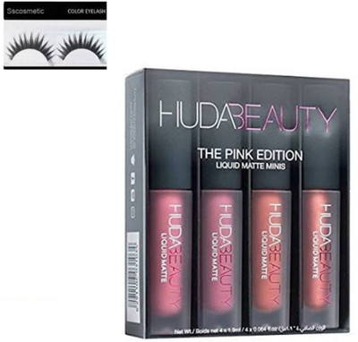Sscosmetic Huda Beauty Pink Edition Matte liquid Lipstick Set 4 (Multi) & Eyelashes(Set of 2)