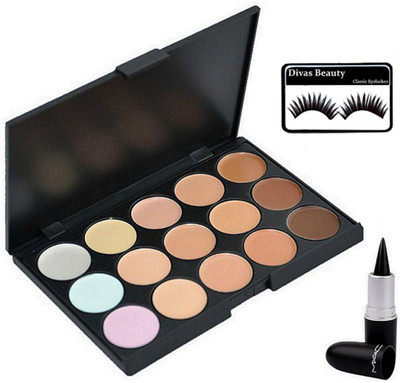 

divas beauty Eyelashes, Mac Stick Kajal, 15 Shade Concealer Palette(Set of 3)