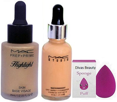 

divas beauty sponge puff & mac prep+prime highlight skin visage & mac studio waterweight foundation(Set of 3)