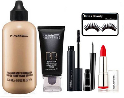 

divas beauty eyelashes & mac face and body foundation & MAC prep+prime bb cream & mac liquid last eyeliner & mac zoom lash mascara & colorbar lipstick(Set of 6)