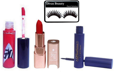 divas beauty eyelashes & mac Star Trek Red Lipgloss (No. 10) & 9 to 5 Red Lipstick & mac padma liquid last eyeliner(Set of 4)