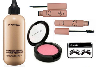 

Ultimate Eyelashes & Mac face And Body foundation , Pink blusher With Lakme Eyeliner & mascara(Set of 5)