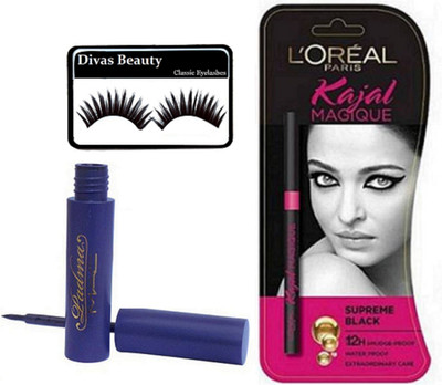 

divas beauty eyelashes & mac liquid last eyeliner & loreal paris Magique Bold Supreme Black Kajal(Set of 3)