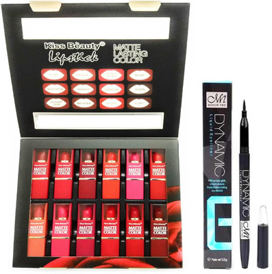 

Kiss Beauty LIPS AND EYE PACK WITH 12 MULTI COLOR MATTE EFFECTIVELY COVER LIP DEFECTS AND GIVES LIPS GLOSS LIPSTICK WITH DYNAMIC LIQUID EYE LINER PACK(Set of 13)