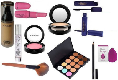 

Ultimate Sponge Puff, 20 Shade Concealer Palette (L20), Padhma Eyeliner & Mascara, Maybelline Folly Red Shade Lipgloss, Studio Fix Face Powder Compact, One Shade Blusher Compact, Hyper Real SPF 15 Foundation, Folly Red Lipstick Of MaEyelashes, Mac Matchma