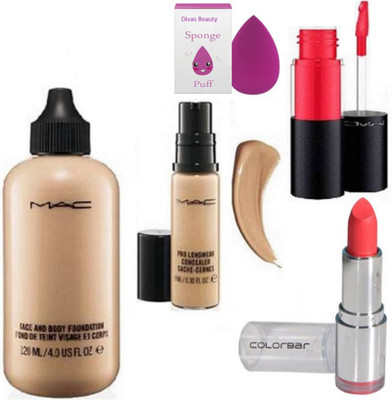 

divas beauty sponge puff & Mac Face &Body Fond De Teint Foundation&mac Pro longwear Concelaer&Lipgloss&ColorBar Lipstick(Set of 5)