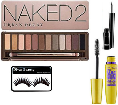 

divas beauty eyelashes & naked 2 eyeshahdow palette & new york the magnum waterproof mascara & mac liquid last eyeliner(Set of 4)