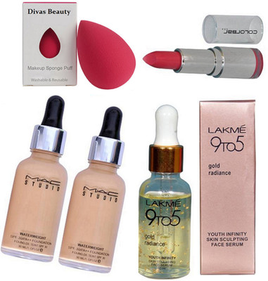 

divas beauty Sponge Puff Waterweight Foundation,Enrich Matte Finish Lipstick, Gold Rediance Serum(Set of 5)