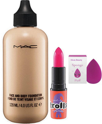 

divas beauty sponge puff & Trolls Pink Shade Lipstick & Face And Body Foundation(Set of 3)