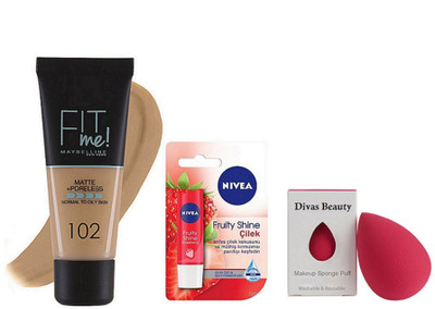 

divas beauty Sponge Puff, Maybelline Fit Me Foundation, Nivea Fruity Shine Lipbalm(Set of 3)