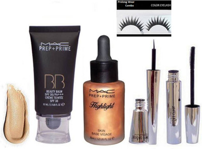 

Pro longwear combo Eyelashes,Mac Prep+Prime Highlighter Skin Base Visage, Prep+Prime BB BEauty Balm Cream Foundation, Brooke Candy Liquid Liner+ Mascara(Set of 5)