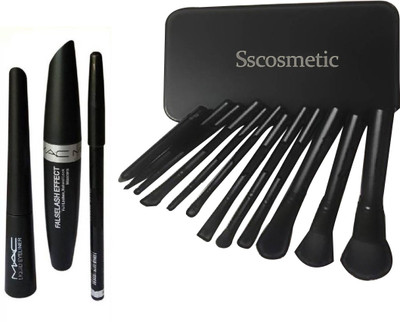 

Sscosmetic 12 Peice Makeup Brush Set & MAC Liquid Eye Liner & Mac Mascara & Mac Eyebrow Pencil (MAC 3 in 1) (Set of 15)(Set of 15)