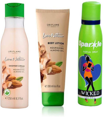

Oriflame Sweden LOVE NATURE Body lotion with Nourishing Almond Oil (200 ml) & love nature shower cream nourishing almond oil (250 ml) With one sparkle perfume spray 150 ml(Set of 3)