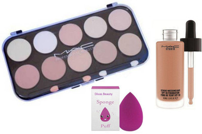 

divas beauty sponge puff & Makeup 10 Shades Concealer Palette & studio waterweight foundation(Set of 3)