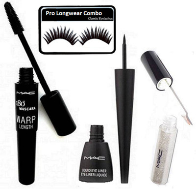 

Pro longwear combo Eyelashes, Liquid Waterproof Longlasting Eyeliner & Glitter Eyeliner, Mascara Of Mac(Set of 4)