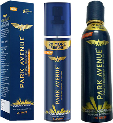 

Park Avenue GOOD MORNING INTENSE DEODORANT SPRAY 150 ML+GOOD MORNING ELECTRIC DEODORANT SPRAY 135 ML+GOOD MORNING ULTIMATE DEODORANT SPRAY 150 ML Deodorant Spray - For Men & Women(135 ml, Pack of 3)