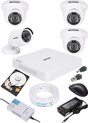 HIKVISION HIKVISION 1MP HD 4 CHANNAL DVR DS-7A04HGHI-F1 /N OR DS-7A04HGHI-F1/ECO 1PCS & 1 BULLET CAMERA 720p DS-2CE1ACOT-IRP OR DS-2CE1ACOT-IRP/ECO 3Pcs DOME 720p DS-2CE5ACOT-IRP OR DS-2CE5ACOT -IRP/ECO Camera 90 METAR CABLE 1TB SATA HDD COMBO KIT Security Camera(1 TB, 4 Channel)