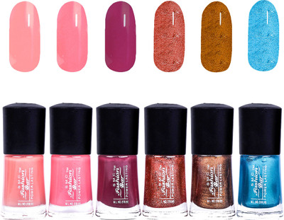

SMC FASHION BAR Gel Based Nail Polish Combo Blush Peach, Strawberry Pink, Dark Mauve, Glitter Copper, Glitter Amber Gold, Shimmer Turquoish Blue(Pack of 6)