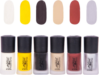 

SMC FASHION BAR Dull Velvet Matte Nail Polish Nail Polish Combo Matte Pearl Cream, Matte Neon Yellow, Matte Black, Matte Nude Almond, Matte Rosewood Red, Matte Silver(Pack of 6)