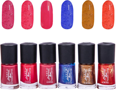 

SMC FASHION BAR Gel Based Nail Polish Combo Rosewood, Shimmer Ruby Pink, Brick Red, Shimmer Dark Blue, Glitter Amber Gold, Shimmer Golden Red(Pack of 6)