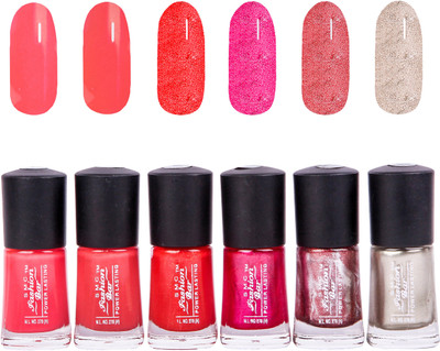 

SMC FASHION BAR Gel Based Nail Polish Combo Strawberry Pink, Coral Peach, Shimmer Berry Red, Shimmer Berry Pink, Shimmer Copper Pink, Shimmer Fusion Silver(Pack of 6)