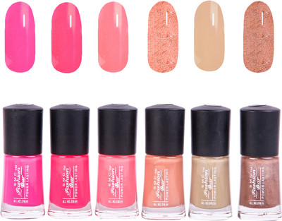 

SMC FASHION BAR Gel Based Nail Polish Combo Rose Pink, Neon Pink, Strawberry Pink, Shimmer Soft Peach, Nude Brown, Shimmer Nude Brown(Pack of 6)