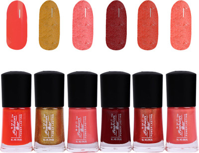 

SMC FASHION BAR Gel Based Nail Polish Combo Neon Orange, Glitter Golden, Salmon Peach, Mahogany Red, Shimmer Golden Red, Shimmer Peach(Pack of 6)