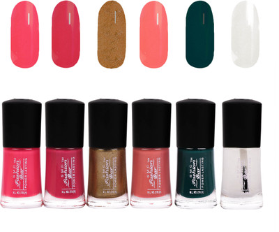 

SMC FASHION BAR Gel Based Nail Polish Combo Neon Pink, Carmine Red, Shimmer Golden, Shimmer Peach, Dark Green, Top Coat(Pack of 6)