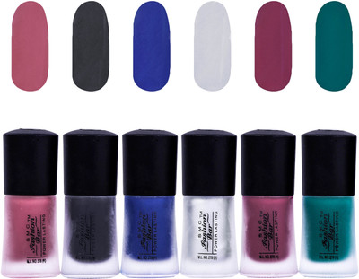 

SMC FASHION BAR Dull Velvet Matte Nail Polish Nail Polish Combo Matte Mulberry Brown, Matte Black, Matte Royal Blue, Matte Silver, Matte Sangria Red, Matte Dark Green(Pack of 6)