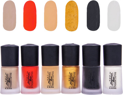 

SMC FASHION BAR Dull Velvet Matte Nail Polish Nail Polish Combo Matte Nude Almond, Matte Orange, Matte Top Coat, Matte Golden Yellow, Matte Black, Matte Pearl Cream(Pack of 6)