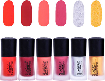 

SMC FASHION BAR Dull Velvet Matte Nail Polish Nail Polish Combo Matte Orange, Matte Garnet Red, Matte Coral Peach, Matte Mulberry Brown, Matte Silver, Matte Golden Yellow(Pack of 6)
