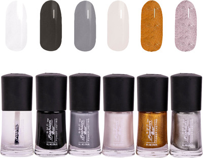 

SMC FASHION BAR Gel Based Nail Polish Combo Top Coat, Black, Gray, Shimmer White, Glitter Golden, Shimmer Silver(Pack of 6)