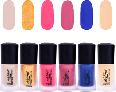 

SMC FASHION BAR Dull Velvet Matte Nail Polish Nail Polish Combo Matte Nude Almond, Matte Golden Yellow, Matte Lava Pink, Matte Mulberry Brown, Matte Royal Blue, Matte Top Coat(Pack of 6)