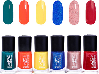 

SMC FASHION BAR Gel Based Nail Polish Combo Dark Green, Orange, Shimmer Neon Yellow, Shimmer Dark Blue, Shimmer Nude Brown, Garnet Red(Pack of 6)