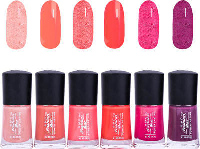 

SMC FASHION BAR Gel Based Nail Polish Combo Shimmer Light Peach, Brown Peach, Salmon Peach, Neon Orange, Shimmer Ruby Pink, Raisin Mauve(Pack of 6)