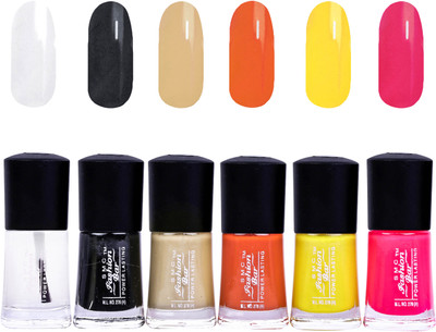 

SMC FASHION BAR Gel Based Nail Polish Combo Top Coat, Black, Nude Brown, Orange, Shimmer Neon Yellow, Neon Pink(Pack of 6)