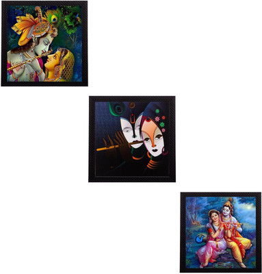 eCraftIndia Set Of 3 Radha Krishna Ink 11 inch x 11 inch Painting(With Frame, Pack of 3)