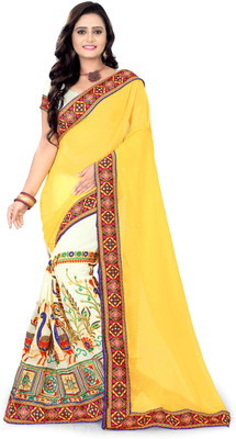 Arriva Fab Self Design, Embroidered Fashion Poly Georgette Saree(Beige, Yellow) Flipkart