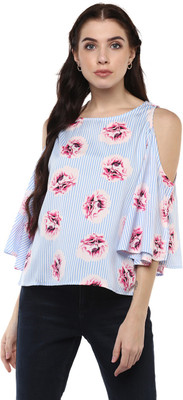 HARPA Casual Cold Shoulder, Slit Sleeve Printed Women Light Blue Top