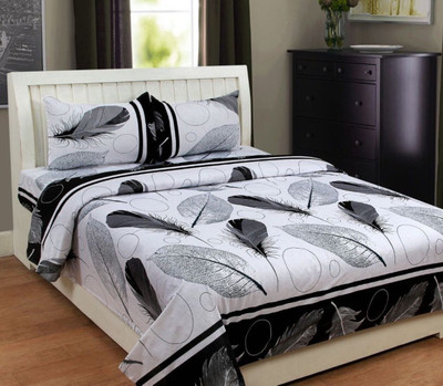 Bansal G 144 TC Cotton Double Self Design Flat Bedsheet(Pack of 1, White, Black)
